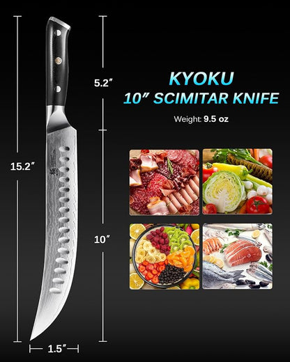 KYOKU 10" Damascus Carving Knife for Meat Cutting,UPGRADED Cimitar Breaking Knife with Silver PVD Coating for Professional Home Chefs,Sharp Japanese Style VG10 Stainless Steel Meat Butcher Knife