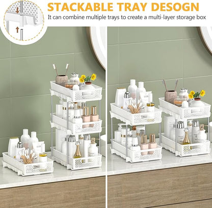 DABIGE 4 Pack Pull Out Bathroom Organizers and Storage, 2 Tier Stackable Under Sink Storage Organizer for Bathroom, Kitchen Cabinet, Pantry, and Medicine Holder, Organization and Storage - White