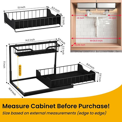 3 Pack, Under Sink Organizer 2-Tier with Slide Out Lower Drawer - Metal Pull Out Cabinet Organizer for Kitchen Bathroom, Includes Removable Center Basket & Storage Shelves, Space Saving Design