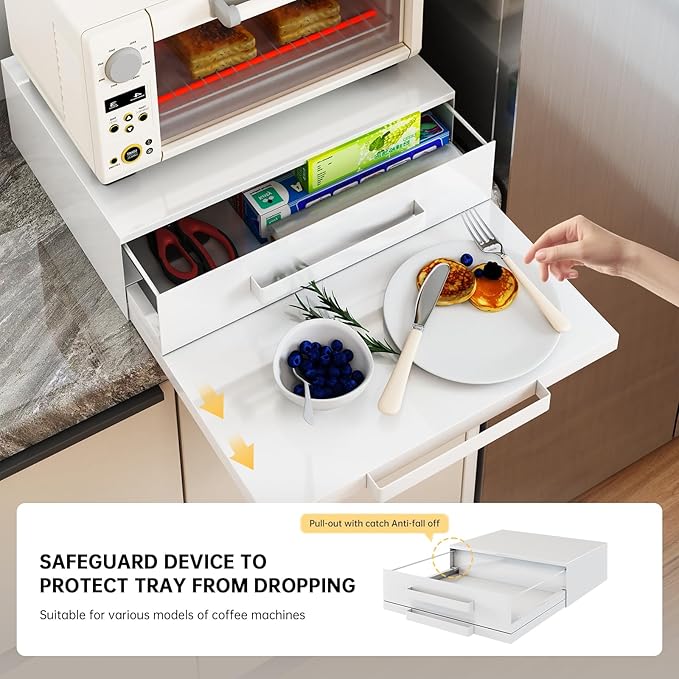 2-Tier Pull-Out Cabinet Organizer with Drawer & Countertop, Adjustable Kitchen Microwave Stand, Spice Rack Storage for Countertop, Cabinet, Pantry, Steel, White (18.3''W x 14.1-24.3''D x 5.5''H)