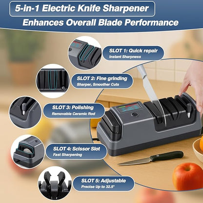 𝑼𝒑𝒈𝒓𝒂𝒅𝒆𝒅 5 in 1 Electric Knife and Scissor Sharpener, Electric Knife Sharpeners for Kitchen Knives, 3 Speeds Fast Knives Sharpening, Diamond Abrasives & LCD Display