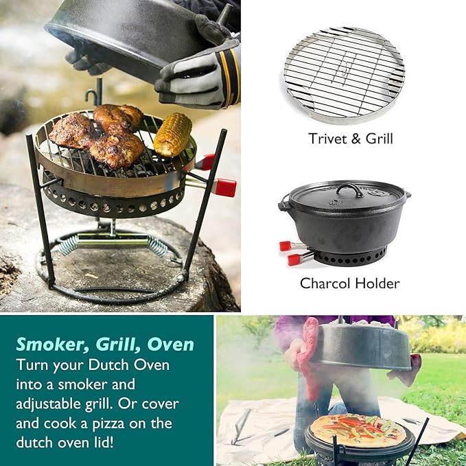 CampMaid Outdoor Cooking Set - Dutch Oven and Tools Set - Charcoal Holder & Cast Iron Grill Accessories - Camping Grill Set - Outdoor Cooking Essentials - Camp Kitchen Equipment - (6 Piece Set)