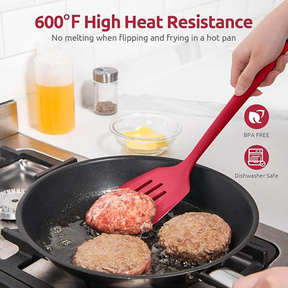 600ºF Heat Resistant Slotted Turner: U-Taste 13.6in Silicone Kitchen Spatula Flipper, 3.74in Wide Food Grade Flexible Thin Rubber Cooking Utensil for Egg, Pancake, Cookie in Nonstick Cookware (Red)