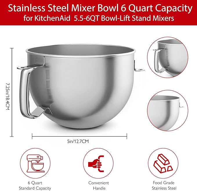 Stainless Steel Mixer Bowl, Compatible with KitchenAid Series 6QT Lift Stand Mixer, Suitable for KV25, KP26, KB26,Dishwasher Safe, Heavy Duty, No Residue, Ergonomic Handle