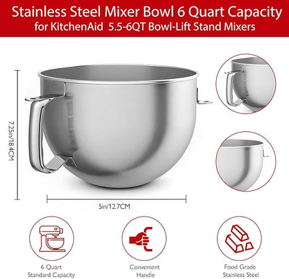 Stainless Steel Mixer Bowl, Compatible with KitchenAid Series 6QT Lift Stand Mixer, Suitable for KV25, KP26, KB26,Dishwasher Safe, Heavy Duty, No Residue, Ergonomic Handle