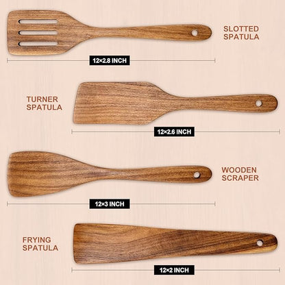 Wooden Spatula for Cooking Utensils Set Acacia Wood Spatulas for Kitchen Use Non Toxic Serving Utensil Slotted Turner Wood Scraper Flat Baking Cooking Spatula Non Stick Spurtle Wok Kitchen Utensils