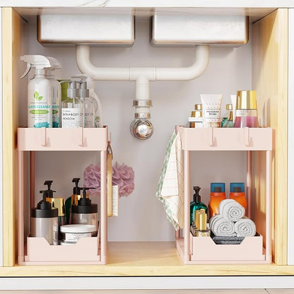 Simple Trending Under Sink Organizer 2 Pack, Sink Pull-Out Sliding Storage Cabinet, 2-Tier Under Shelf Organizer for Kitchen Bathroom, Pink