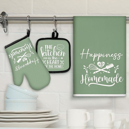Sratte 6 Pcs Kitchen Decor Accessories Set Farmhouse Towels Pot Holders Oven Mitts Set 2 Dish Towels 2 Potholders 2 Cooking Mittens Oven Glove for Christmas Baking Cooking Supply(Sage Green,Kitchen)