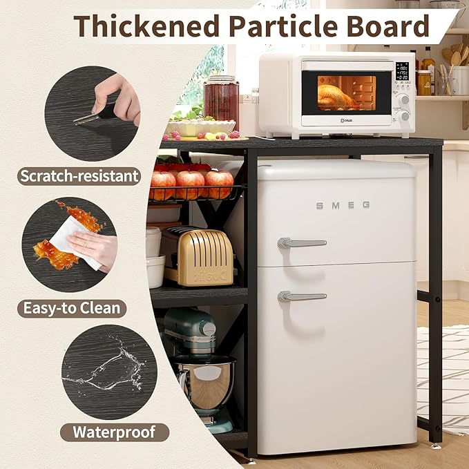 METYERRY Kitchen Bakers Rack with Power Outlet,Mini Fridge Cabinet with Mesh Basket, Mini Fridge and Microwave Table with Storage for Office,Kitchen,Living Room,Coffee Bar,Patio, Black