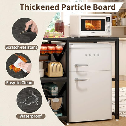 METYERRY Kitchen Bakers Rack with Power Outlet,Mini Fridge Cabinet with Mesh Basket, Mini Fridge and Microwave Table with Storage for Office,Kitchen,Living Room,Coffee Bar,Patio, Black