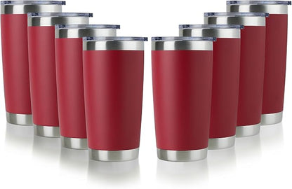 DOMICARE 20oz Stainless Steel Tumbler Bulk with Lid, Double Wall Vacuum Insulated Travel Mug, Powder Coated Coffee Cup, Powder Red, 8 Pack