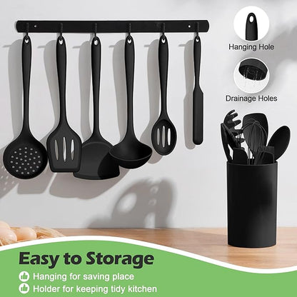 Homikit Silicone Cooking Utensil Set, 15pcs Kitchen Utensils with Holder for Nonstick Cookware, Heat Resistant Nontoxic Silicone Spatula Set Dishwasher Safe Kitchen Tools for Baking-Black