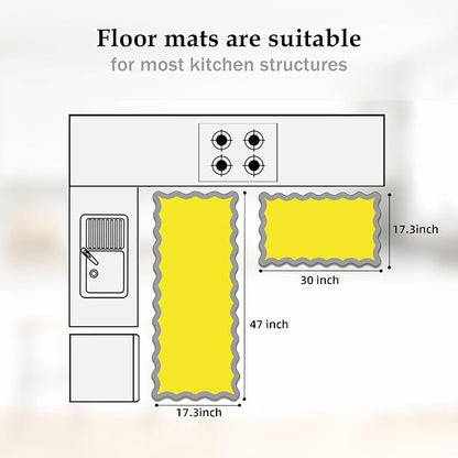 Arenarug Scalloped Yellow Gray Kitchen Mats Rugs Sets of 2 Cushioned Anti Fatigue Floor Mat Waterproof Kitchen Rugs Non Slip Foam Comfort Standing Mat for Sink Laundry