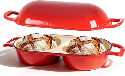 Double Dutch Oven for Sourdough Bread Baking - Enameled Cast Iron Bread Pan with Lid, 2-Slot Mini Loaf Design (16.5cm Each) for Homemade Artisan Bread, Easy to Clean, Ideal for Family Daily Baking