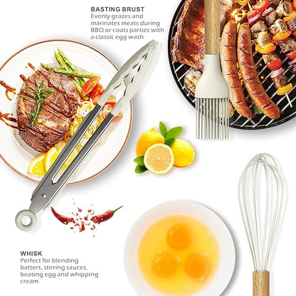 oannao Silicone Cooking Utensils Set - 446°F Heat Resistant Silicone Kitchen Utensils for Cooking,Kitchen Utensil Spatula Set w Wooden Handles, BPA FREE Gadgets for Non-Stick Cookware (Khaki)