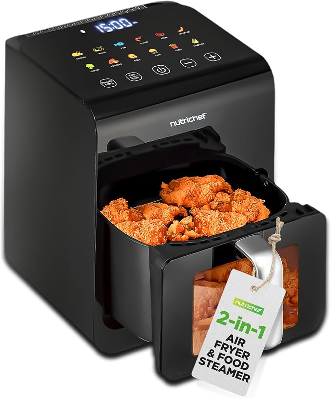 NutriChef 6 Liter Electric Air Fryer & Food Steamer Function | 12-1 Preset Cooking Functions, Fries, Chicken, & More | Transparent Window & Food Steaming option for Best Cooking Results | Black