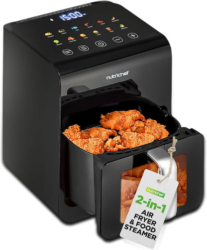 NutriChef 6 Liter Electric Air Fryer & Food Steamer Function | 12-1 Preset Cooking Functions, Fries, Chicken, & More | Transparent Window & Food Steaming option for Best Cooking Results | Black