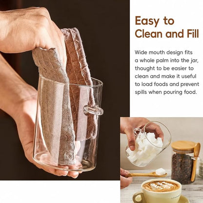 Sugar Jar Glass Salt Container,15 Ounces Clear Airtight Caning with Bamboo Lid and Spoon Scoop, Storage Overnight Oats, Salts, Coffee Bean, Spice, Creamer, Food Organizer, Pack of 1
