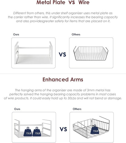 Nxconsu Under Shelf Basket Storage Organizer 2 Pack, Medium 13.4" White | Heavy-Duty Metal Under Shelf Basket Holds 30 lbs, No-Drill Knob-Lock Storage Organizer for Kitchen Cabinet Pantry Cupboard