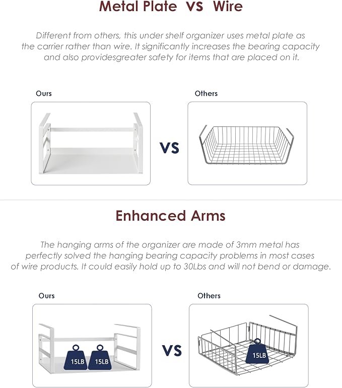 Nxconsu Under Shelf Basket Storage Organizer 2 Pack, Large 16.1" White | Heavy-Duty Metal Under Shelf Basket Holds 30 lbs, No-Drill Knob-Lock Storage Organizer for Kitchen Cabinet Pantry Cupboard