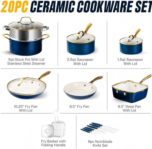 Gotham Steel 20pcs Pots and Pans Set Non Stick Ceramic Cookware Set with Deep Frying Pan Set & 6pc Knife Set, Improved Ti-Cerama Coating Made without PFOA PFOS Lasts 2x Longer, Oven & Dishwasher Safe