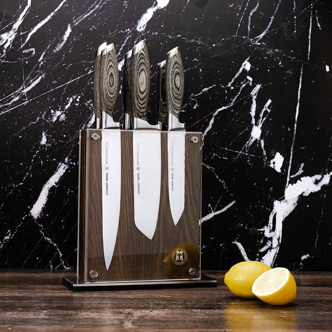 Schmidt Brothers - Bonded Ash 7-Piece Kitchen Knife Set, High-Carbon German Stainless Steel Cutlery, Ash Finish Wood Handles and Clear Acrylic Magnetic Knife Block