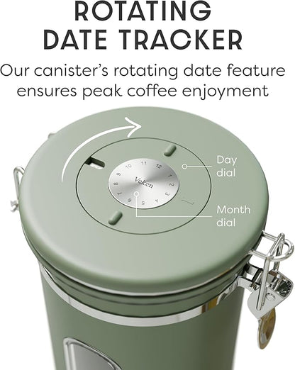 Veken Coffee Canister with Window, Airtight Stainless Steel Kitchen Food Storage Container with Lids, Date Tracker and Scoop for Ground, Beans, Tea, Flour, Cereal, Sugar Jars, 22OZ, Green