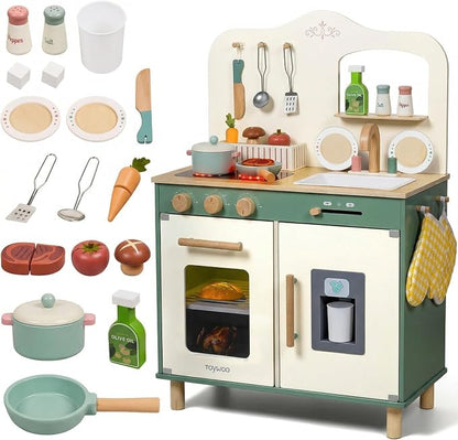Kids Play Kitchen Toddler Kitchen Playset with Play Food Set Pretend Cooking Set with Sink, Stove, Microwave Wooden Toys Kitchen Gift for Girls and Boys