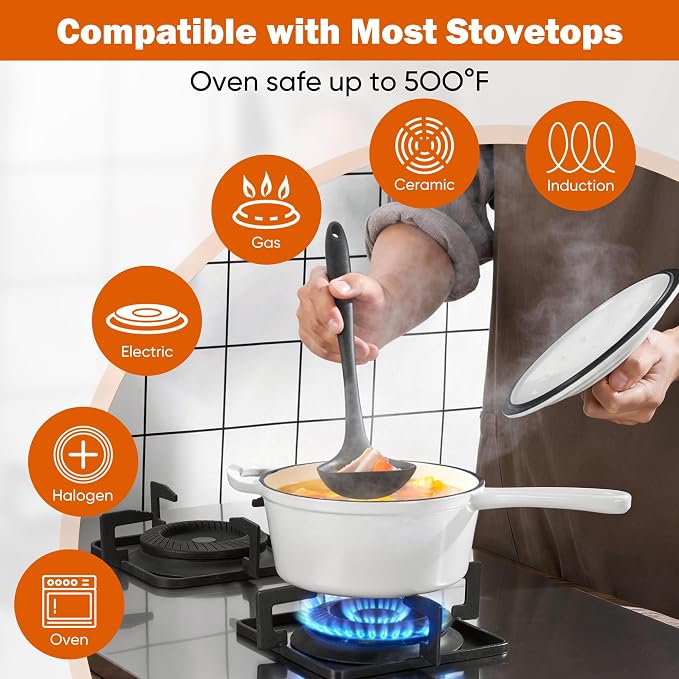 Homikit 3 Quart Saucepan with Lid, Enameled Cast Iron Saucepan for All Cooktops, Heavy Duty Cast Iron Pot for Kitchen Cooking, Boiling, Nonstick & Heat Resistant Up to 500°F, White