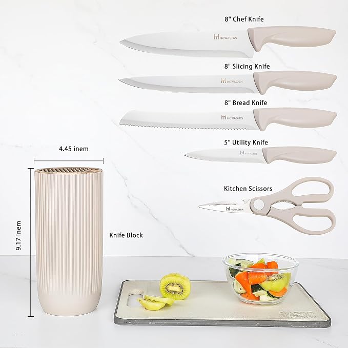 Knife Set, Howashin 6-Piece Khaki Professional Stainless Steel Knives for Kitchen with Universal Knife Block - Non-Stick Sharp Blade Chef Knife Set with Cylindrical Knife Block for Gift.