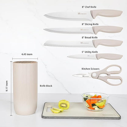 Knife Set, Howashin 6-Piece Khaki Professional Stainless Steel Knives for Kitchen with Universal Knife Block - Non-Stick Sharp Blade Chef Knife Set with Cylindrical Knife Block for Gift.