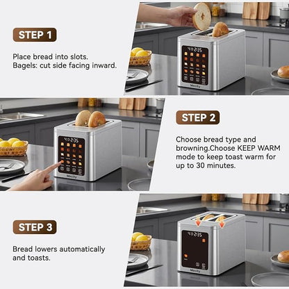 Mecity 2 Slice Smart Touchscreen Toaster, Stainless Steel Wide Slot Toasters with Auto Lift & 30-Minute Warm, Memory Function, Defrost & Auto Shutoff, Digital Electric Bread Toaster for Bagels