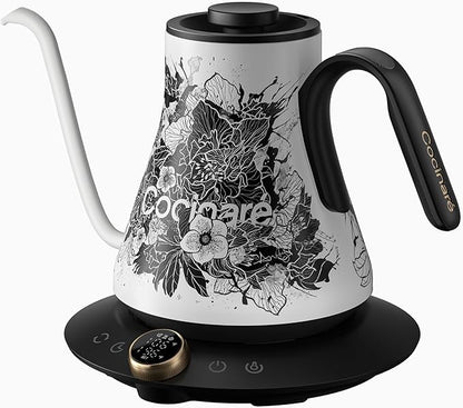 Cocinare Artisan Blossom Gooseneck Electric Kettle, ±1℉ Precise Temperature Control for Pour-Over Coffee & Tea, Quick Heating 1500W, Stainless Steel Interior, 0.9L