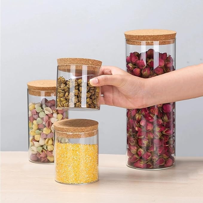 Airtight Glass Storage Containers with cork Lid, for Kitchen Pantry Organization and Storage jar，Ideal for Coffee Beans Snacks Flour Cereal Sugar Tea 16oz. (Circular 3.9 * 3.3in*2pcs)