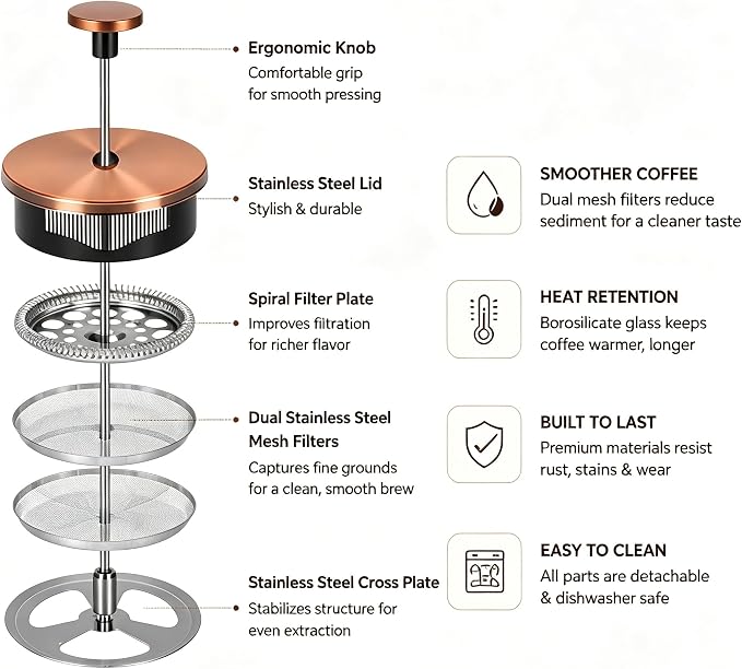 34oz French Press Coffee Maker, Thickened Borosilicate Glass & 304 Stainless Steel Double Mesh Filter. Cold Brew & Tea Brewer for Travel Camping, Kitchen Decor, Bar Accessories Gift (Copper)