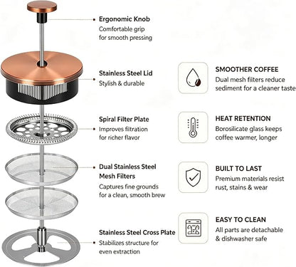 34oz French Press Coffee Maker, Thickened Borosilicate Glass & 304 Stainless Steel Double Mesh Filter. Cold Brew & Tea Brewer for Travel Camping, Kitchen Decor, Bar Accessories Gift (Copper)