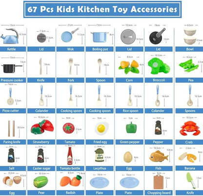 Bruvoalon 67Pcs Kids Play Kitchen Toys Set, Toddlers Pretend Cooking Playset Acccessories with Pots Pans, Utensils Cookware, Foods, Canned Veges, Learning Gift for Kids Girls Boys (White)