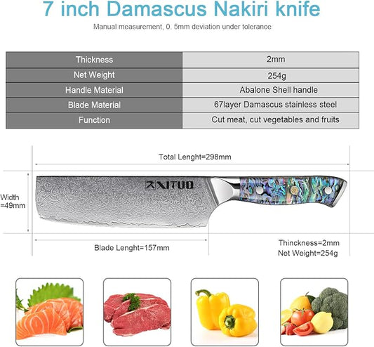 XITUO 7-Inch Nakiri Knife, Japanese VG-10 Damascus Steel (67 Layers), Razor Sharp Asian Vegetable & Meat Chopper, Ergonomic Abalone Shell Handle, Chef Knife with Gift Box