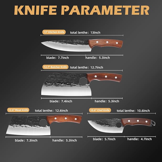 Chef Knife Set, 4 PCS Japanese Kitchen Butcher Knife Set, Serbian Chef Knives Meat Cleaver Viking Boning Knives, Professional Hand Forged, for Home Outdoor Cooking Camping BBQ