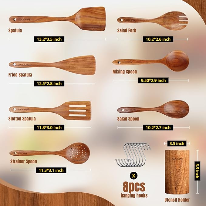 Mooues Wooden Spoons for Cooking, Wooden Utensils for Cooking Natural Teak Wooden Kitchen Utensils Set Comfort Grip (8 PCS SET)