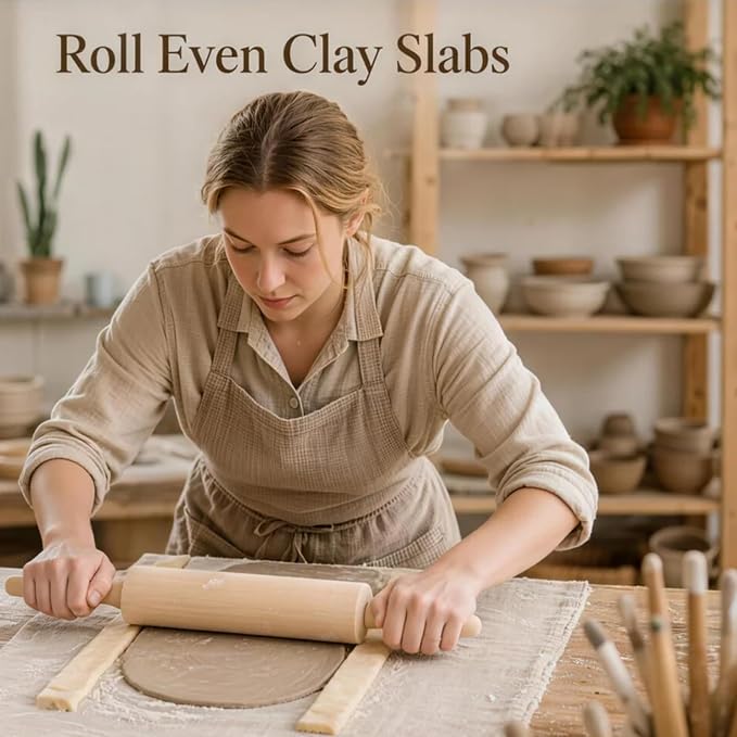12 PCS Pottery Tools Set, Wooden Clay Rolling Pin with 10 Rolling Pin Guides & Linen Mat, Slab Roller for Clay Pottery