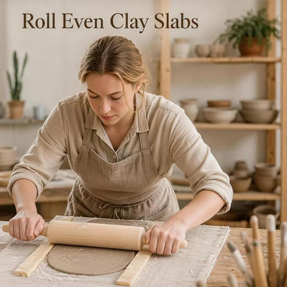 12 PCS Pottery Tools Set, Wooden Clay Rolling Pin with 10 Rolling Pin Guides & Linen Mat, Slab Roller for Clay Pottery