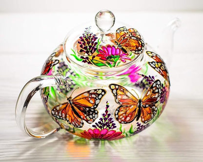 Hand Painted Monarch Butterflies and Flowers Glass Teapot with Removable Infuser, Exclusive Teapot Gift Handmade Mother's Day Gift Idea