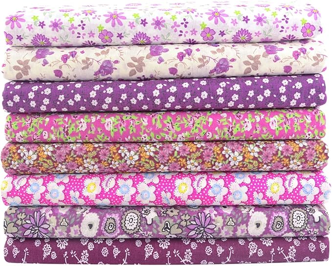 100% Cotton Fabric Bundle - Floral Pre-Cut Squares (20"x20") for Sewing, DIY Patchwork & Quilting (Purple)
