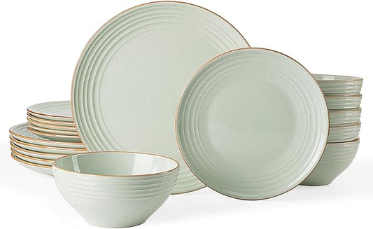 Famiware Jupiter 18-Piece Stoneware Dinnerware Sets for 6 – Handcrafted Plates and Bowls with Speckles & Embossed Swirls, Chip & Scratch Resistant, Modern Rustic Dishes for Daily & Formal Use, Green