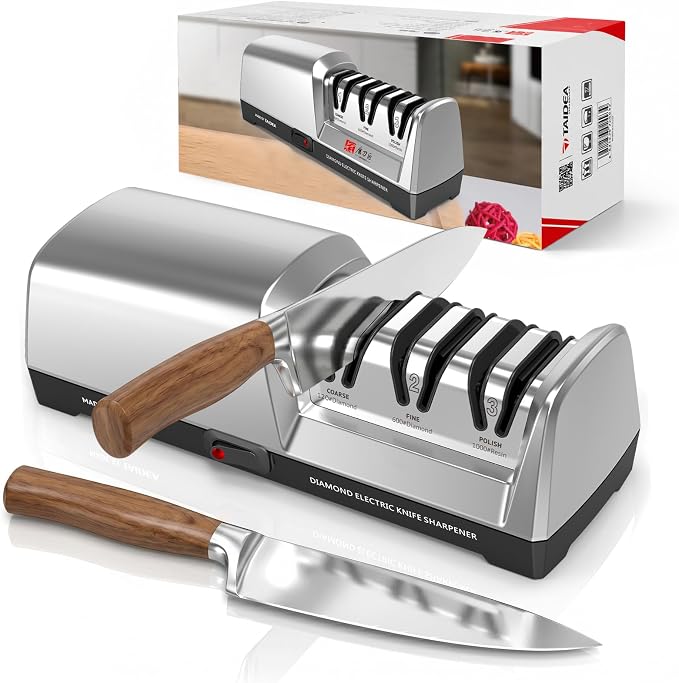 Electric Knife Sharpener for Kitchen - 3-Stage with 100% Diamond Abrasives & 15° Precision Angle Guide - Fast Repair & Polish, Profesional with Magnetic Dust Box