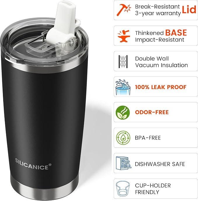 20oz Hygienic Insulated Tumbler — 100% Leakproof Lid with Removable Spout & Straw, Reinforced Vacuum-Protection Base, Cup Holder Friendly, for Iced Coffee, Smoothie/Water on the Go - Black