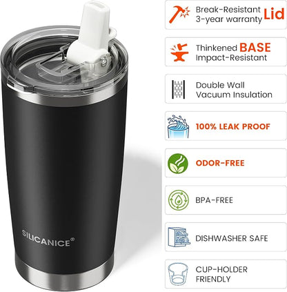 20oz Hygienic Insulated Tumbler — 100% Leakproof Lid with Removable Spout & Straw, Reinforced Vacuum-Protection Base, Cup Holder Friendly, for Iced Coffee, Smoothie/Water on the Go - Black