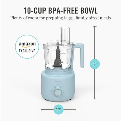 Martha Stewart Food Processor, 10-Cup Electric Chopper for Slicing, Shredding, Mincing and Puree, BPA-Free Twist & Lock Bowl, 3 Multipurpose Blades, Variable Speed Dial, Wide Feed Chute, Sky Blue
