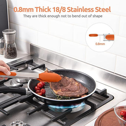 600ºF Heat Resistant Kitchen Tongs: U-Taste 9+12 inch Silicone Cooking Tong Set with Firm Sealed Non Stick Rubber Tips and Silicon Coated 18/8 Stainless Steel Handle for Serving Grilling Salad(Orange)